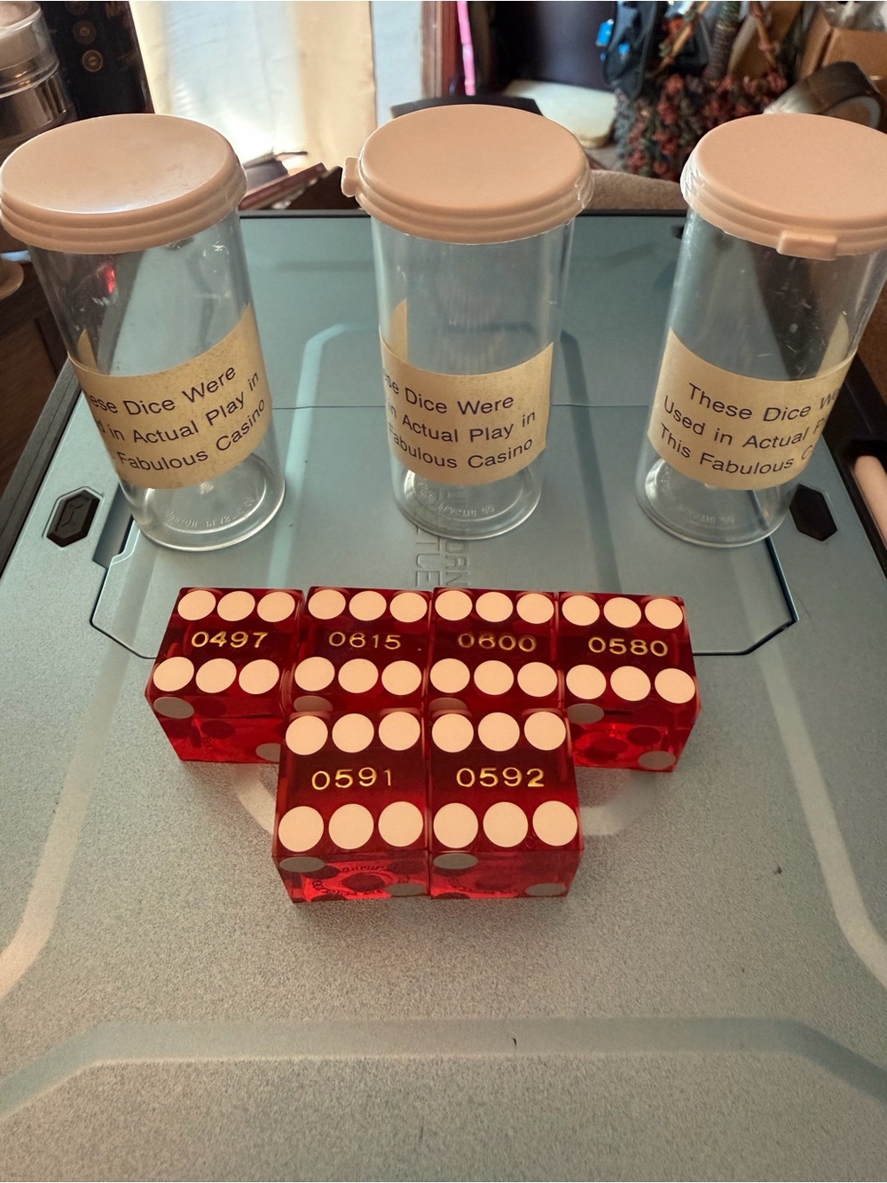 Authentic Cancelled Casino Dice : 1 Pair + 4 w/Vials $25